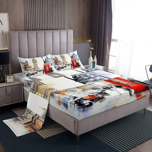 Erosebridal London Theme Bed Sheets King,Retro Telephone Booth Bedding King Size,Big Ben Decor,Super Cozy,4pcs