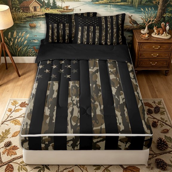 Erosebridal Vintage Star Stripe Pattern Zipper Twin Comforter Sets with Fitted Sheet and 2 Pillowcases,Camouflage USA Flag Zipper Bedding Set,Taupe Black,Black Reversible