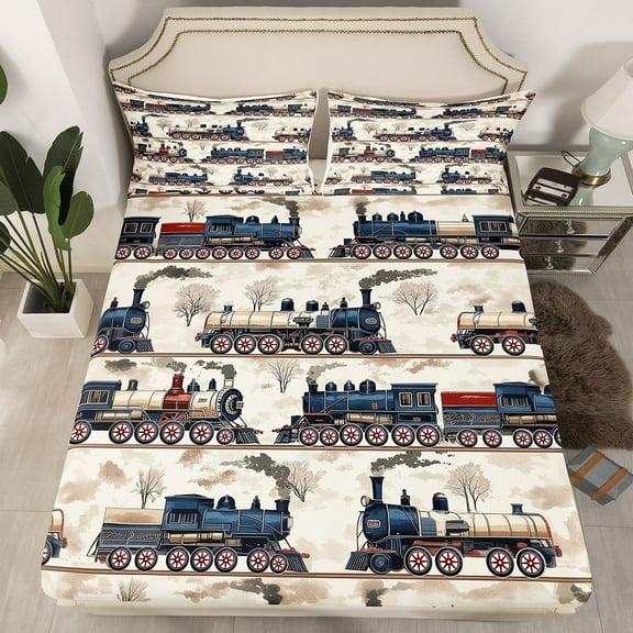 Erosebridal Vintage Steam Engine Fitted Sheet Twin, Retro Railway Train Bedding Set Twin Size, Teens