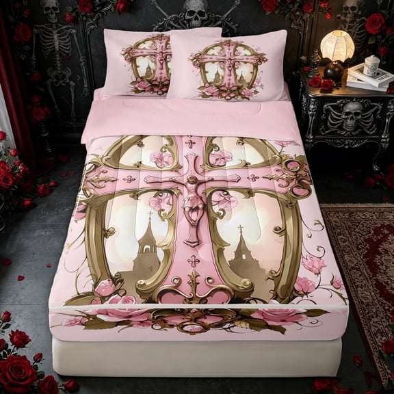 Erosebridal Vintage Sugar Gothic Cross Zipper Twin Comforter Sets with Fitted Sheet and 2 Pillowcases for Girls, Rose Floral Bloom Zipper Bedding Set, Pink Reversible, 4-Piece