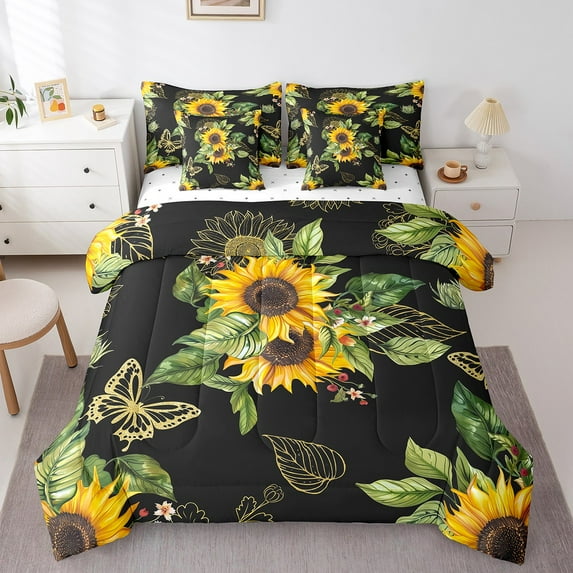 Erosebridal Vintage Sunflower Bedding Full Size, Retro Fashion Bedding Sets Full Size, Black Orange Comforter Sets with Sheets, Breathable Room Decorative, 7pcs