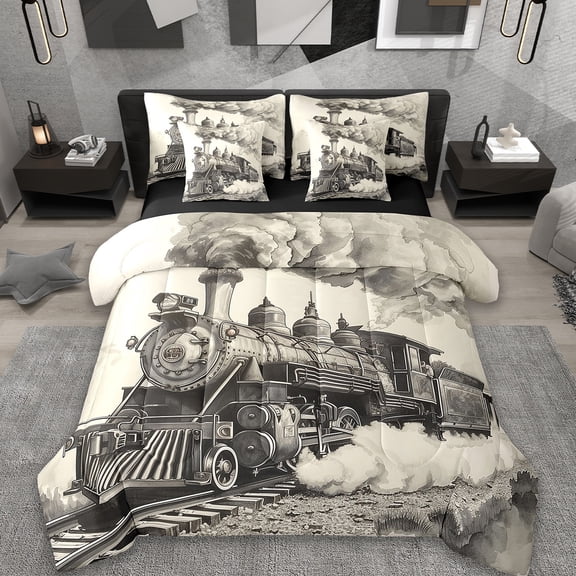 Erosebridal Vintage Train Bed in a Bag Queen Size,Rustic Steam Engine Bed Set,Gray Railway Smoke Bedding Queen Size For Men Women,Lightweight Bedroom Decorative Reversible,7 Pieces