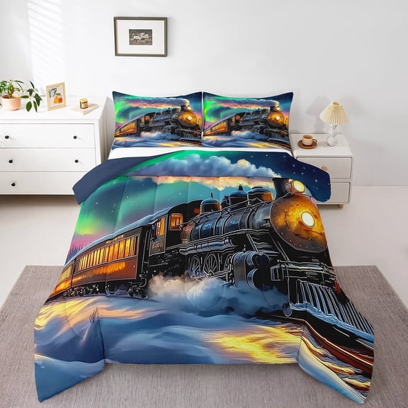 Erosebridal Vintage Train Bedding Full Comforter Set, Aurora Down Comforter, Winter Snow Decor, Reversible 3-Piece
