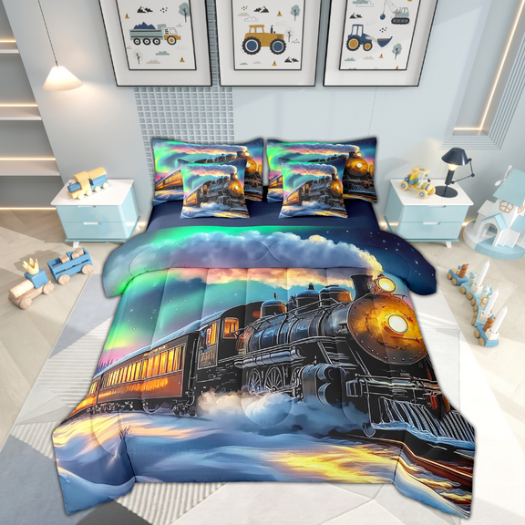 Erosebridal Vintage Train Bedding Queen Size 7pcs, Aurora Comforter Sets with Sheets, Winter Snow Decor, Reversible