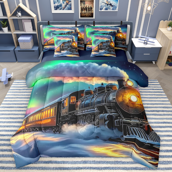 Erosebridal Vintage Train Bedding Queen Size 7pcs, Aurora Comforter Sets with Sheets, Winter Snow Decor, Reversible