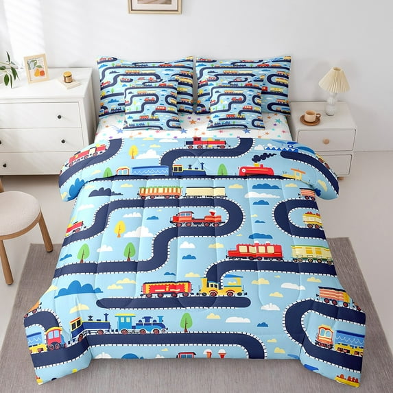 Erosebridal Vintage Train Bedding Sets Twin Size, Railway Comforter Sets with Sheets, Steam Engine Decor, Reversible 7 Pieces