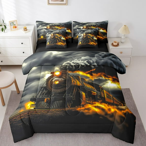 Erosebridal Vintage Train Bedding Sets Twin Size, Steam Engine Comforter Sets with Sheets, Black Gold, Reversible 7-Piece