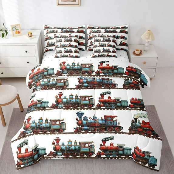 Erosebridal Vintage Train Bedding Sets Twin Size, Transportation Themed Comforter Sets with Sheets, Steam Engine Bedroom Decor, Reversible 7-Piece