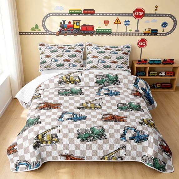 Erosebridal Vintage Truck Quilt Full, Checkered Full Bedspread Sets, Gray Checkered 3 Pieces 1 Coverlet and 2 Pillowcases