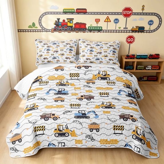 Erosebridal Vintage Truck Twin Quilt Set, Gray Twin Coverlet Set, Vintage Trucks Gray 2pcs 1 Bedspread and 1 Pillowcase