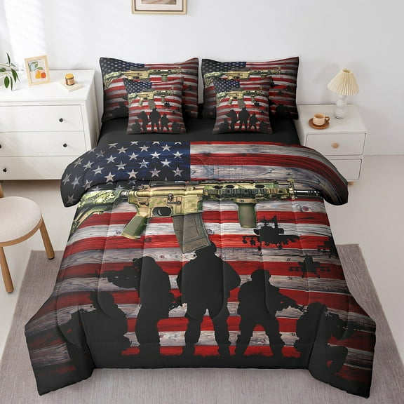 Erosebridal Vintage US Flag Bedding Full Size, Army Military Bed in a Bag Full size, Teens Adult, Reversible 7 Pieces