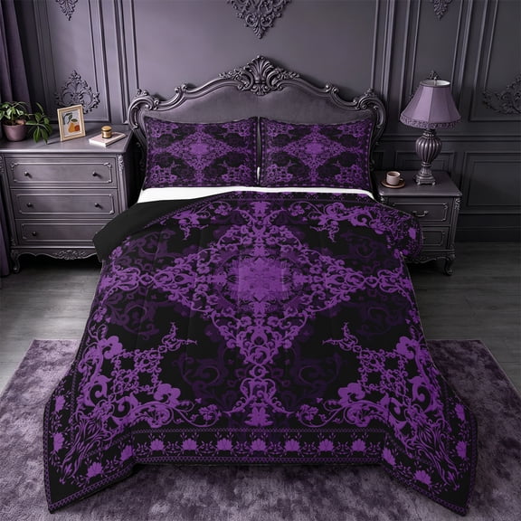 Erosebridal Vintage Victorian Flower Queen Comforter Set,Damask Theme Bedding Comforter Set For Men Women,Reversible black,3-Piece