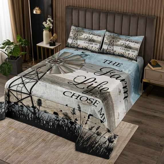 Erosebridal Vintage Windmill Quilt Set Queen Size, Rustic Farmhouse Coverlet Set Vintage Country Western Bedspread Set Barn Door Wooden Plank Bed Set Windmill Decorations For Inside Home, Brown