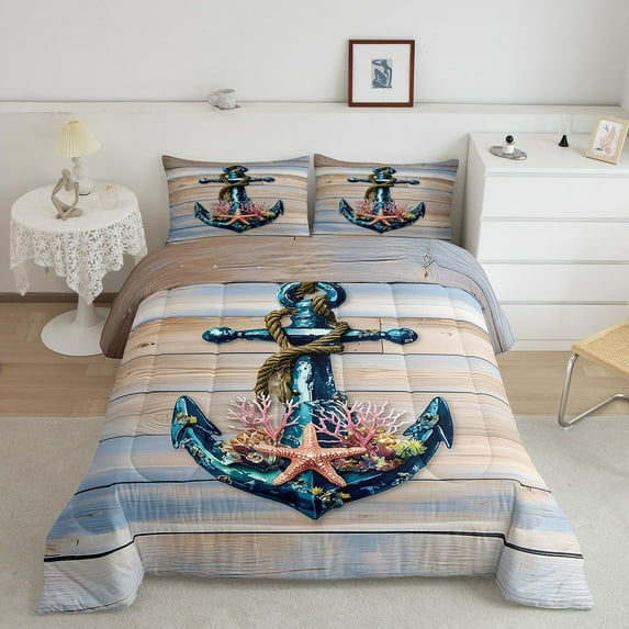 Erosebridal Vintage Wooden Barn Plank Comforter Set for Men Women,Romantic Anchor Rope Bedding Set,Tropical Coral Starfish Bedding Comforter Sets,Nautical Ocean Duvet Insert with 2 Pillowcases,Full