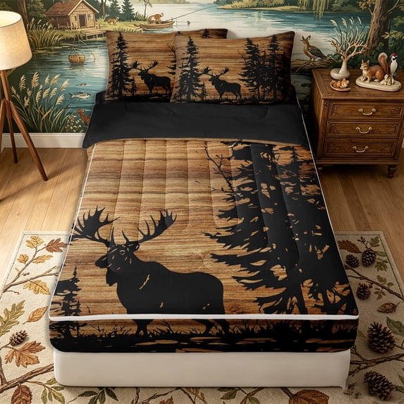 Erosebridal Vintage Wooden Pattern Zipper Twin Comforter Sets with Fitted Sheet and 2 Pillowcases,Moose Silhouette Print Zipper Bedding Set,Coffee Brown Black,Black Reversible