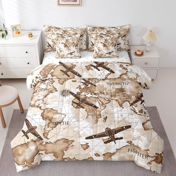 Erosebridal Vintage World Map Bedding Sets Twin Size, Helicopter Aircraft Comforter Sets with Sheets, Airplane Line Reversible Bed Set, Microfiber Room Decorative, 7pcs
