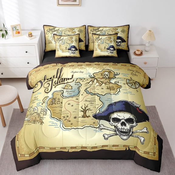 Erosebridal Vintage World Nautical Map Bedding King Size, Retro Pirate Comforter Sets with Sheets, Reversible 7-Piece