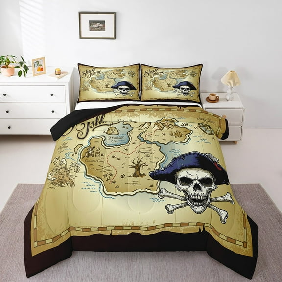 Erosebridal Vintage World Nautical Map Comforter Sets Queen Size, Retro Pirate Comforters & Duvets, Reversible 3-Piece