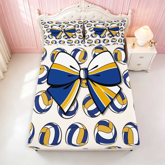 Erosebridal Volleyball Ball Bow Fitted Sheet for Girls, Sporty Athletic Team Play Queen Bedding, 3-Pieces 1 Fitted Sheet and 2 Pillowcases