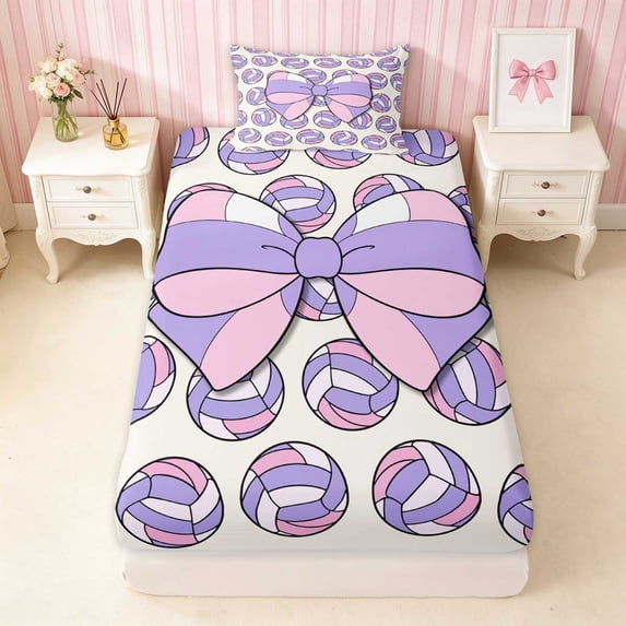 Erosebridal Volleyball Ball Bow Twin Fitted Sheet for Girls, Sporty Athletic Team Play Bedding, 2-Piece 1 Fitted Sheet and 1 Pillowcase
