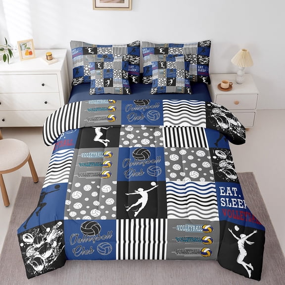 Erosebridal Volleyball Bedding Sets Twin Size,Sports Theme Comforter Sets With Sheets,Blue Gray Plaid Bed In A Bag Twin Size, Super Cozy Room Decoration,7-Piece Reversible