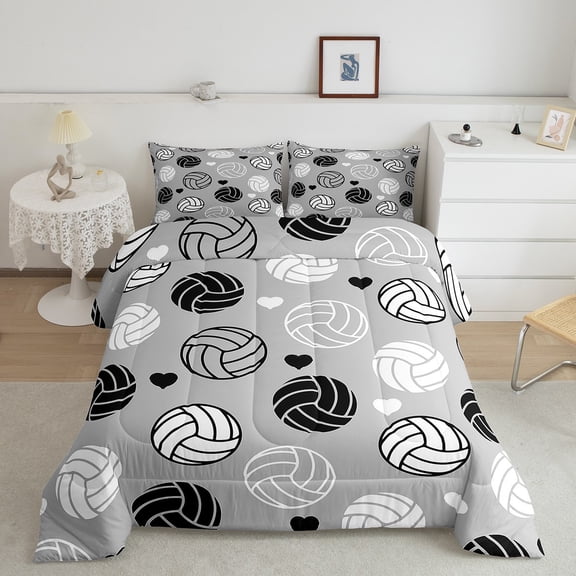 Erosebridal Volleyball Comforter Set Full Size Volleyball Games Bedding Set Love Heart Black White Geometric Stripes Ball Pattern Comforter Sports Theme Quilt Set