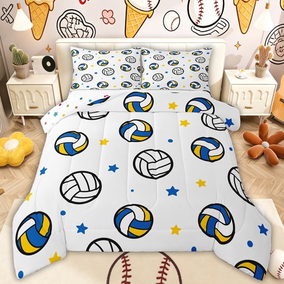 Erosebridal Volleyball Sport Full Size Comforter Sets, White Blue Stars Bedding Sets for Boys and Girls, 3-Piece