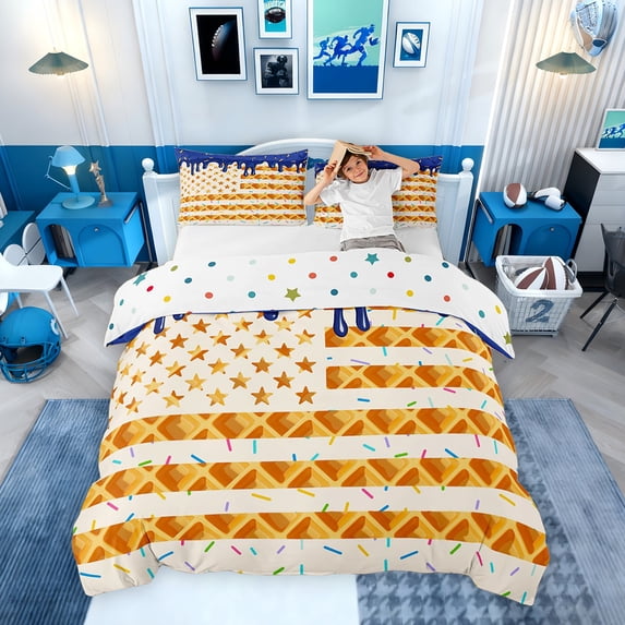 Erosebridal Waffle American Flag Queen Duvet Cover Set for Kids, Navy Ice Cream Drip Bedding, Colorful Polka Dots Reversible, 1 Duvet Cover and 2 Pillowcases (No Comforter)