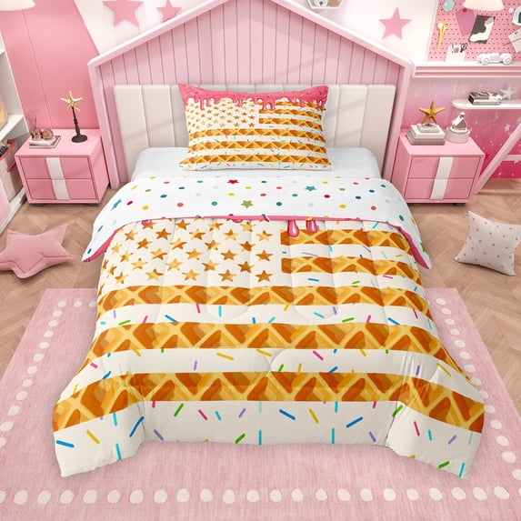 Erosebridal Waffle American Flag Twin Comforter Sets for Kids, Pink Ice Cream Drip Bedding Set, Colorful Polka Dots Reversible, 1 Comforter and 1 Pillowcase