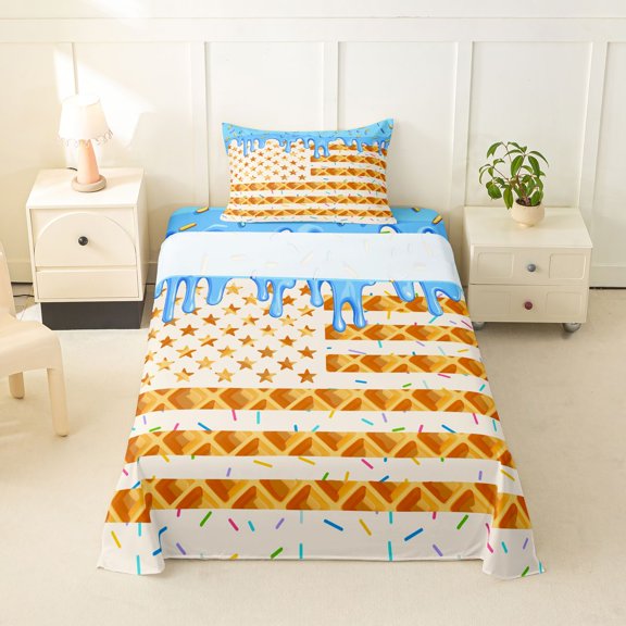 Erosebridal Waffle American Flag Twin Sheet Sets for Kids, Blue Ice Cream Drip Bedding, 1 Flat Sheet, 1 Fitted Sheet and 1 Pillowcase