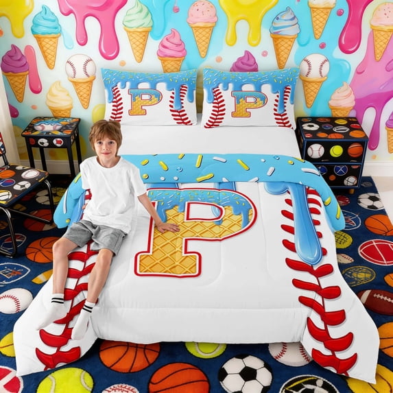 Erosebridal Waffle Drip Letter P Queen Comforter Set, Cute Baseball Sport Bedding Comforter Set for Girls and Boys, Gray Reversible 3pcs, 1 Comforter and 2 Pillowcases