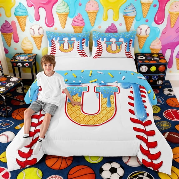 Erosebridal Waffle Drip Letter U Queen Comforter Set, Cute Baseball Sport Bedding Comforter Set for Girls and Boys, Gray Reversible 3-Piece, 1 Comforter and 2 Pillowcases