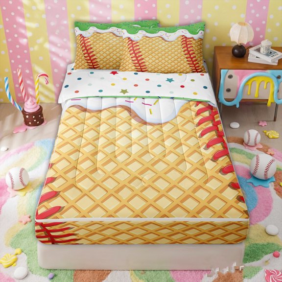 Erosebridal Waffle Ice Cream Baseball Zipper Twin Comforter Sets with Fitted Sheet and 2 Pillowcases for Girls, Green Candy Drip Zipper Bedding Set, Polkadot Reversible, 4 Pieces