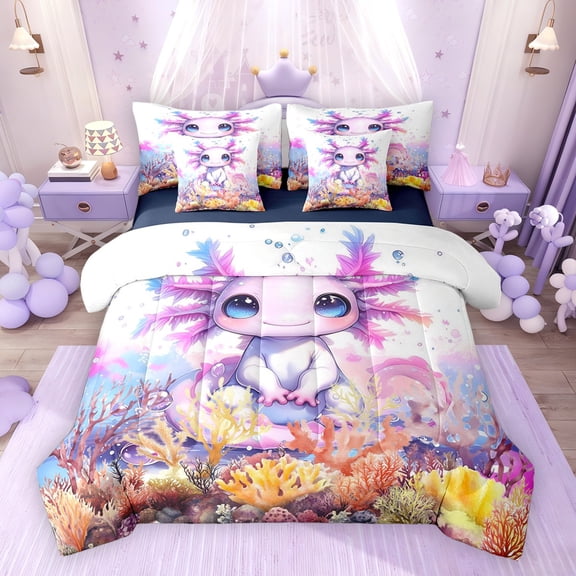 Erosebridal Watercolor Axolotl Twin Bedding Sets for Kids, Colorful Coral Bedding Comforter Set, Navy Reversible, 7pcs