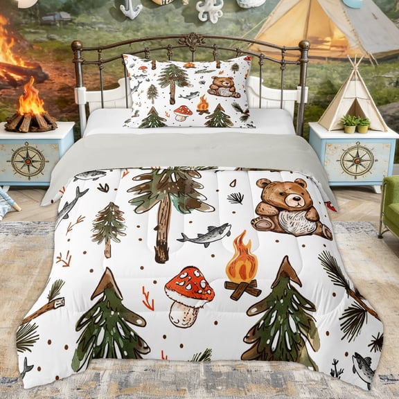 Erosebridal Watercolor Bear Camping Twin Comforter Sets, Mushroom Fish Pine Tree Bedding Set for Men and Women, 2-Piece
