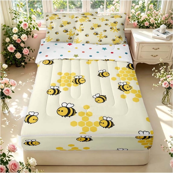 Erosebridal Watercolor Bee Zipper Full Size Comforter Sets with Fitted Sheet and 2 Pillowcases,Rustic Honeycomb Zipper Bedding Set,Cream Yellow,Polkadot Reversible,4pcs