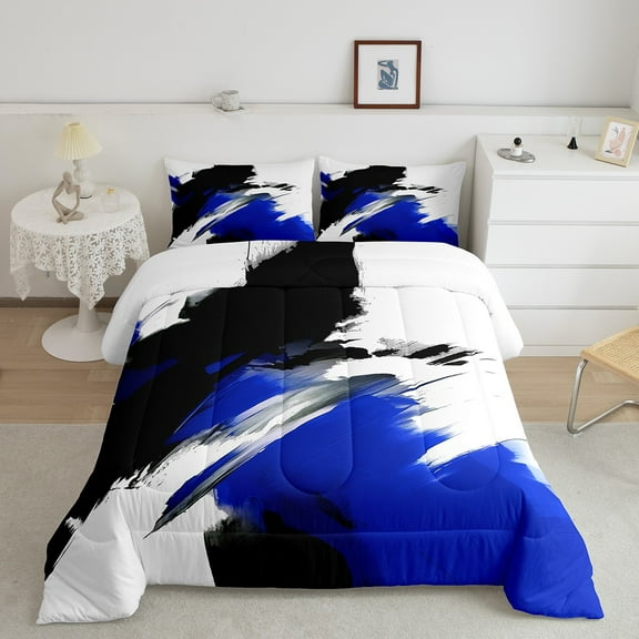 Erosebridal Watercolor Black Blue White Bedding Twin Comforter Set, Modern Abstract Art Down Comforter, Oil Painting Decor Super Cozy 2-Piece