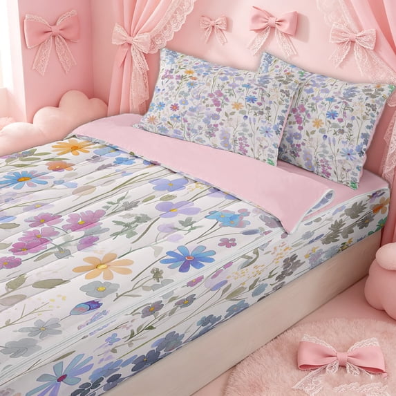 Erosebridal Watercolor Blue Groovy Zipper Twin Comforter Sets with Fitted Sheet and 2 Pillowcases for Girls, Botanical Foliage Rose Zipper Bedding Set, Pink Reversible, 4 Pieces