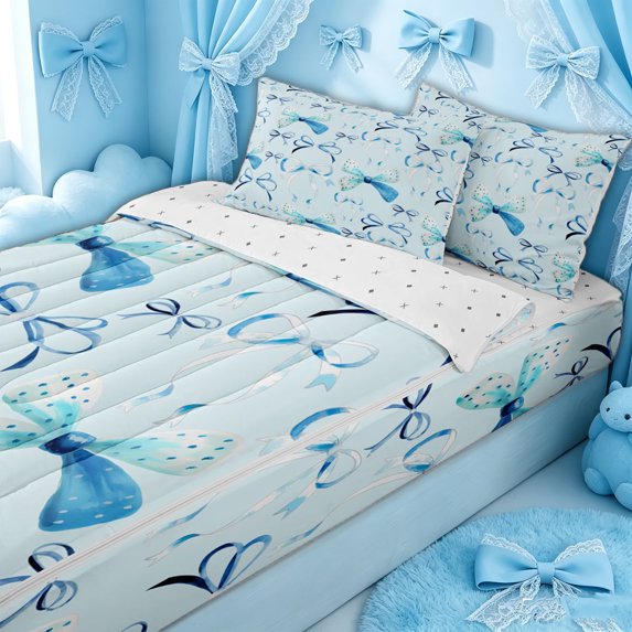 Erosebridal Watercolor Blue Polka Dot Bow Zipper Full Size Comforter Sets with Fitted Sheet and 2 Pillowcases for Teens, Fashion Ink Ribbon Zipper Bedding Set, Reversible, 4 Pieces