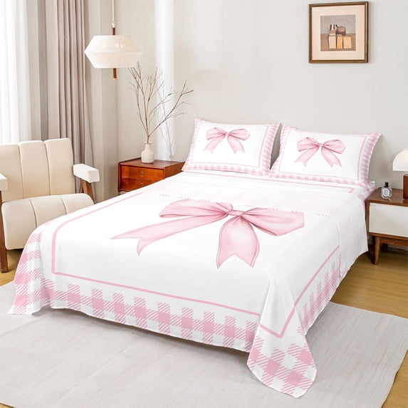 Erosebridal Watercolor Bow Bed Sheets for Girls, Pink Plaid Buffalo King Sheets for Women, 4 Pieces