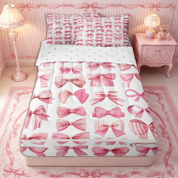 Erosebridal Watercolor Bow Collection Zipper Twin Comforter Sets with Fitted Sheet and 2 Pillowcases,Assorted Ribbon Styles Zipper Bedding Set,Pink,4-Piece,Reversible
