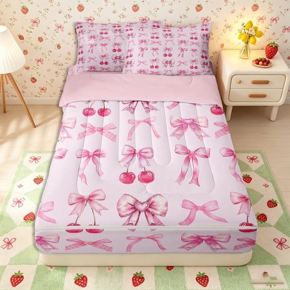 Erosebridal Watercolor Bow Pattern Zipper Twin Comforter Sets with Fitted Sheet and 2 Pillowcases,Cherry Fruit Print Zipper Bedding Set,Pink,Pink Reversible