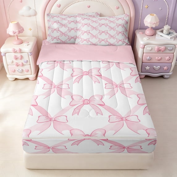 Erosebridal Watercolor Bow Zipper Twin Comforter Sets with Fitted Sheet and 2 Pillowcases,Dreamy Princess Style Zipper Bedding Set For Girls,Pink Reversible,4 Pieces