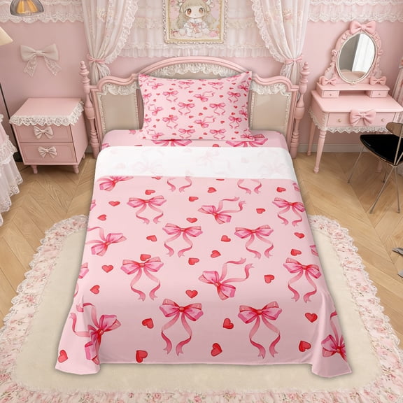 Erosebridal Watercolor Bowknot Twin Sheet Sets for Girls, Pink Love Heart Bedding, 3pcs