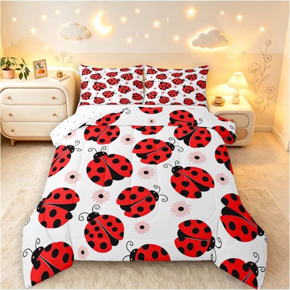 Erosebridal Watercolor Bug Ladybug Full Size Comforter Sets,Vintage Daisy Flowers Bedding Comforter Set,Pink Red,Reversible,3-Piece,1 Comforter and 2 Pillowcases