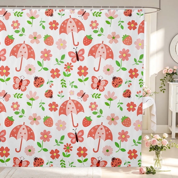 Erosebridal Watercolor Bug Ladybug Shower Curtain 72Wx84L,Lovely Strawberry Flower Bathroom Shower Curtain,Red Coral