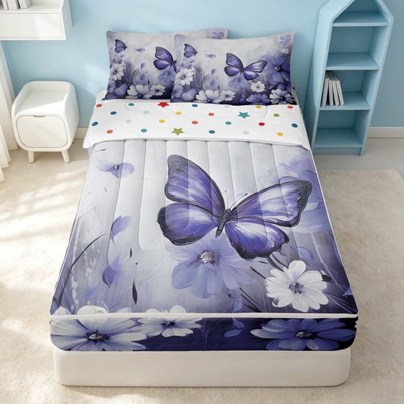 Erosebridal Watercolor Butterfly Zipper Twin Comforter Sets with Fitted Sheet and 2 Pillowcases, Chic Animal Zipper Bedding Set, Polka Dots Reversible, Lilac Purple, Polka Dots Reversible