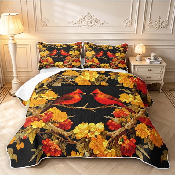 Erosebridal Watercolor Cardinal Animals Bed Spread Queen,Rustic Flowers Queen Coverlet Set,Black Yellow,3 Pieces,1 Quilt and 2 Pillowcases