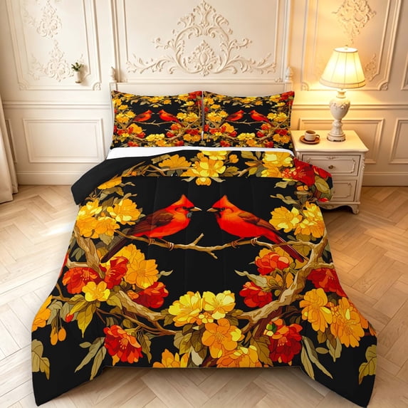 Erosebridal Watercolor Cardinal Animals Queen Comforter Set,Rustic Flowers Comforter Sets Queen,Black Yellow,Black Reversible,3 Pieces,1 Comforter and 2 Pillowcases