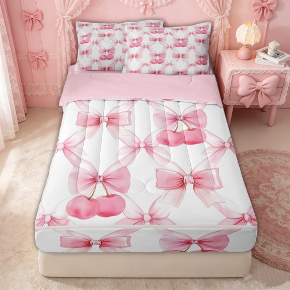 Erosebridal Watercolor Cherry Bow Zipper Twin Comforter Sets with Fitted Sheet and 2 Pillowcases for Women Girls, Cute Coquette Fruit Zipper Bedding Set, Pink Reversible, 4 Pieces